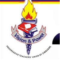A torch with a flame, books, and text: “Vision & Power.” Emblem of Progressive Teachers' Union of Zimbabwe. Red, yellow, and blue colors.