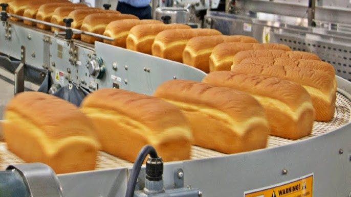 Bakery production line showing the bread baking process