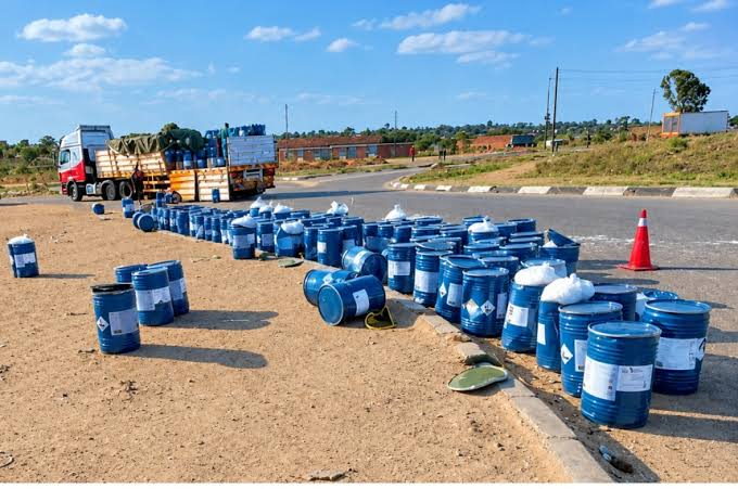 Emergency response at Chivhu roundabout following a sodium cyanide spillage from a truck transporting hazardous chemicals.