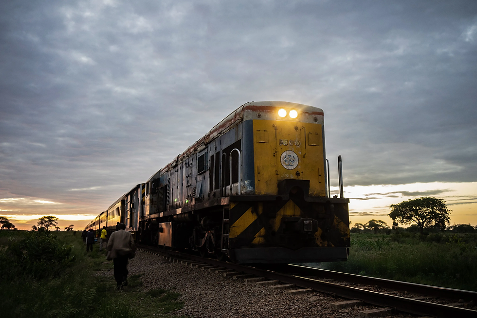 Train with headlights on rail tracks under cloudy sky. People walk beside train. Trees and sunset in background. Train number visible.