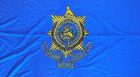 Blue flag with yellow emblem featuring a lion and bird, surrounded by text reading Zimbabwe Republic Police. Prominent and official.