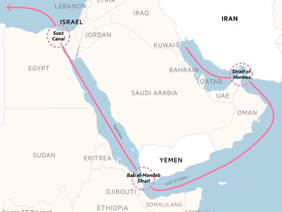 Map showing the Strait of Hormuz and the Bab el-Mandeb Strait, escalating tensions already disrupting international shipping, Red Sea routes