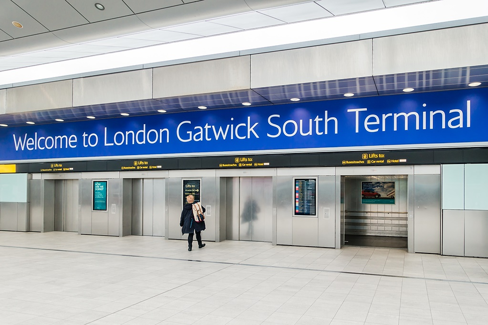 London Gatwick Airport terminal welcoming international arrivals.
