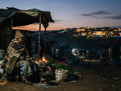 A market stall vendor in Mbare wrapped in a thick blanket at dawn, contrasted with the glowing lights of a wealthy modern estate.