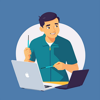A drawing of a technician and laptops