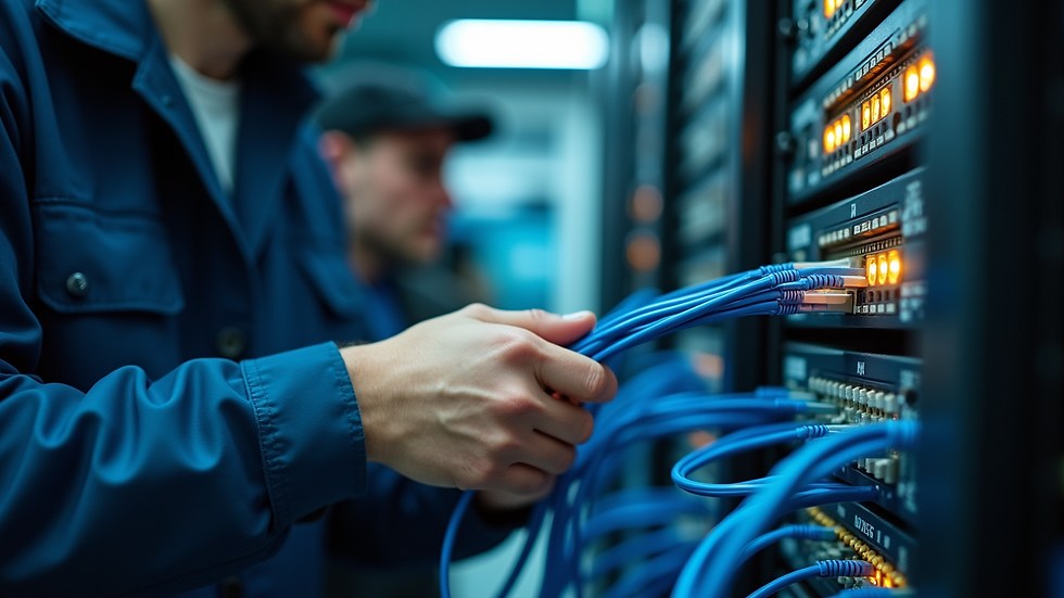 Close-up view of a technician working on network cables