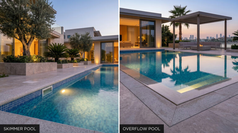 Modern overflow swimming pool and skimmer pool system comparison in luxury residential and commercial projects
