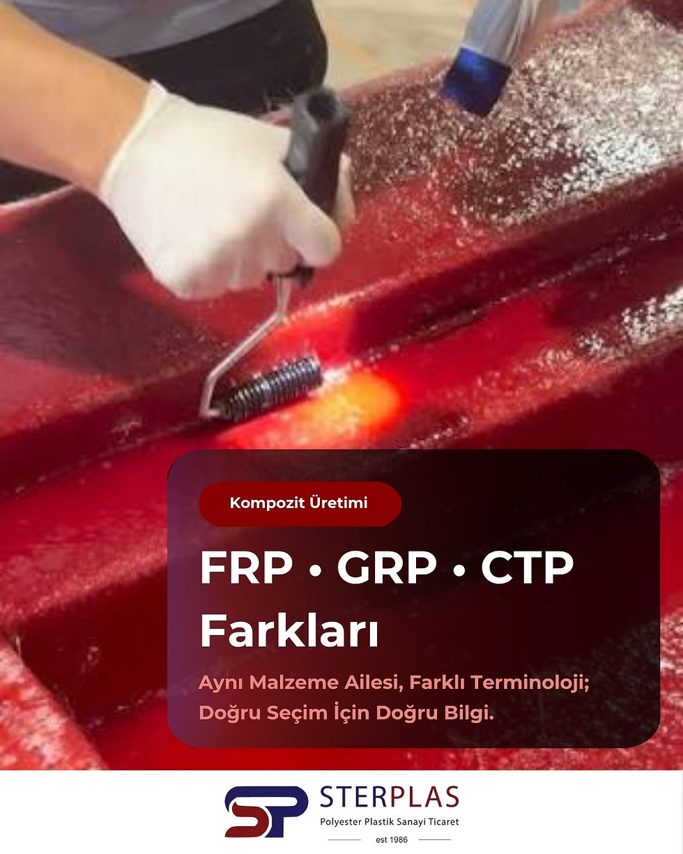 FRP, GRP, CTP ve Fiberglass kompozit malzemelerin karşılaştırıldığı Sterplas mühendislik görseli.
