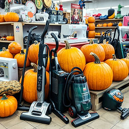 pumpkins and more vacuums and sewing machine for sale in a store.jpg