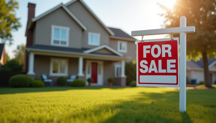 Eye-level view of a family home with a "For Sale" sign in the front yard