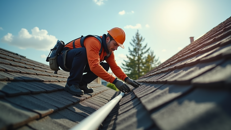 Eye-level view of a maintenance worker inspecting a residential roof