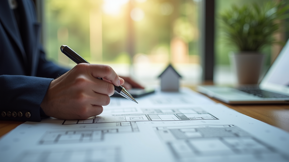 Close-up view of a property agent showing a house plan