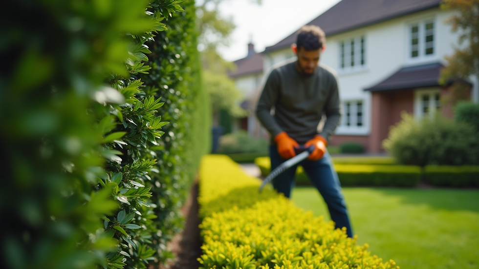 Close-up view of a gardener trimming hedges in a residential garden