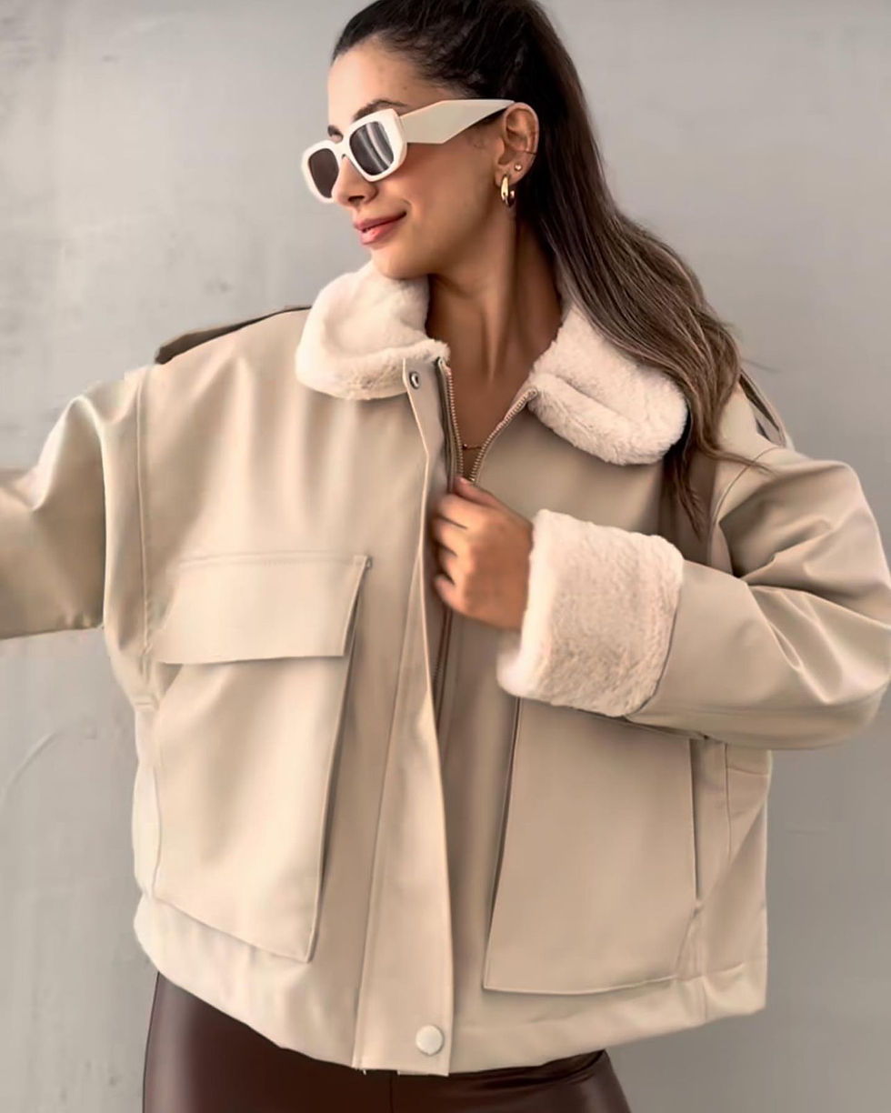 Leather Fur Jacket in rose beige