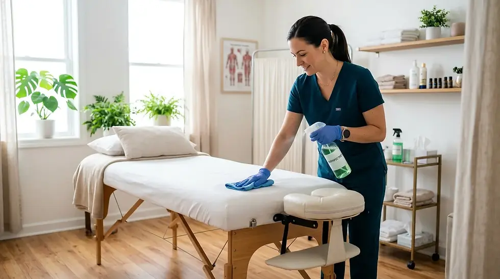 Hygiène et désinfection en cabinet de massage : protocole complet (surfaces, linge, mains)