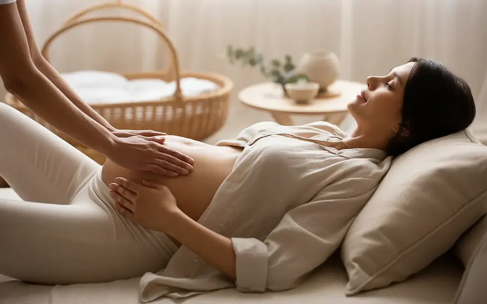 Jeune mère en post-partum, apaisée, recevant un massage doux du ventre par un praticien dans un intérieur cocooning beige et lumineux, huile et serviettes sur table, berceau flou en arrière-plan — LES MOUVEMENTS DE MARINE