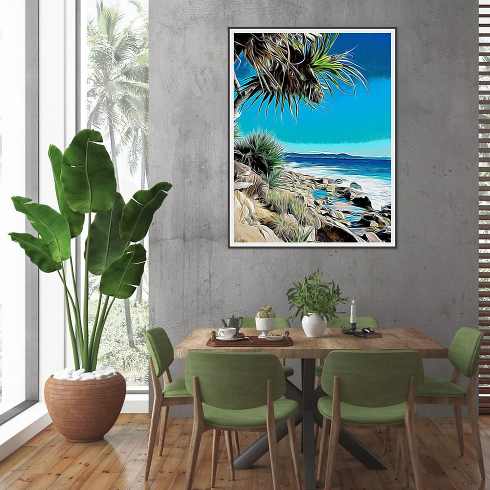 Eye-level view of a modern living room wall with a large colourful abstract painting