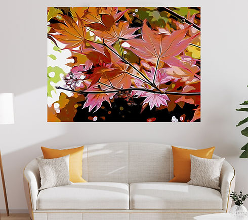 Green and orange abstract art print displayed in a minimalist modern living room.