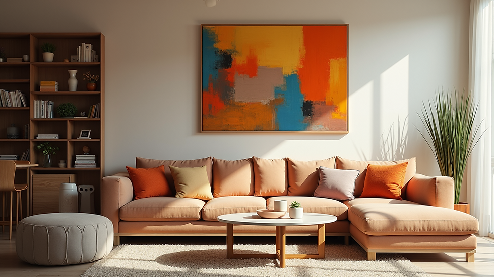 Eye-level view of a living room with colourful cushions and vibrant wall art