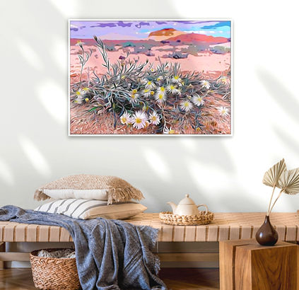 Colourful abstract desert-inspired canvas wall art print displayed in living room