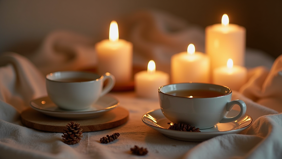 Eye-level view of a cozy self-care setup with candles and herbal tea