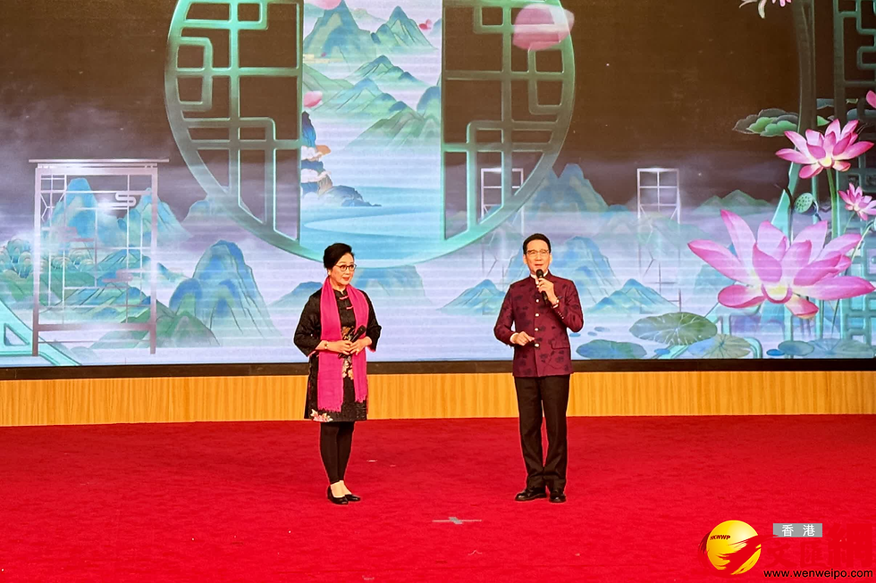 粵劇名伶黎駿聲與陳韻紅上台獻唱《花田錯會》。(記者李紫妍攝)