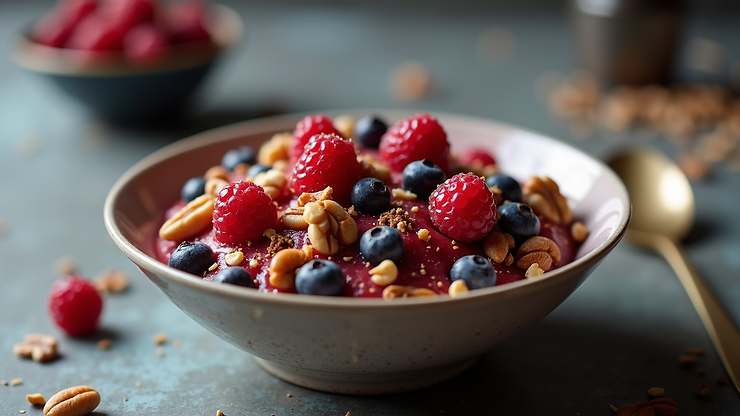 Close-up view of a bowl of mixed berries and nuts dessert