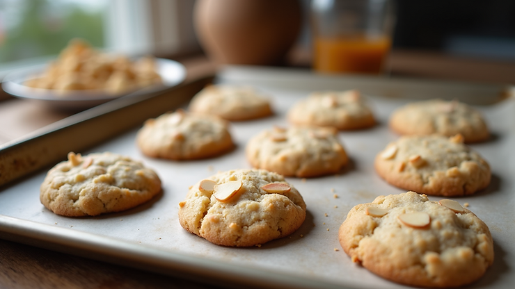 High angle view of freshly baked sugar-free almond flour cookies on a baking tray