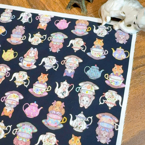 ミニ柄】TeaCup Party プレーンブラック 総柄 | jolifleur-handmade