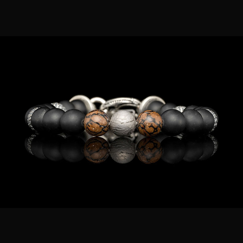 Thumbnail: William Henry, Nightstone with Meteorite, Dinosaur Bone, Silver, and Matte Onyx