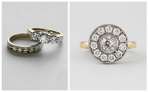 A customer's original rings on the left were used to redesign and create the diamond halo ring on the right