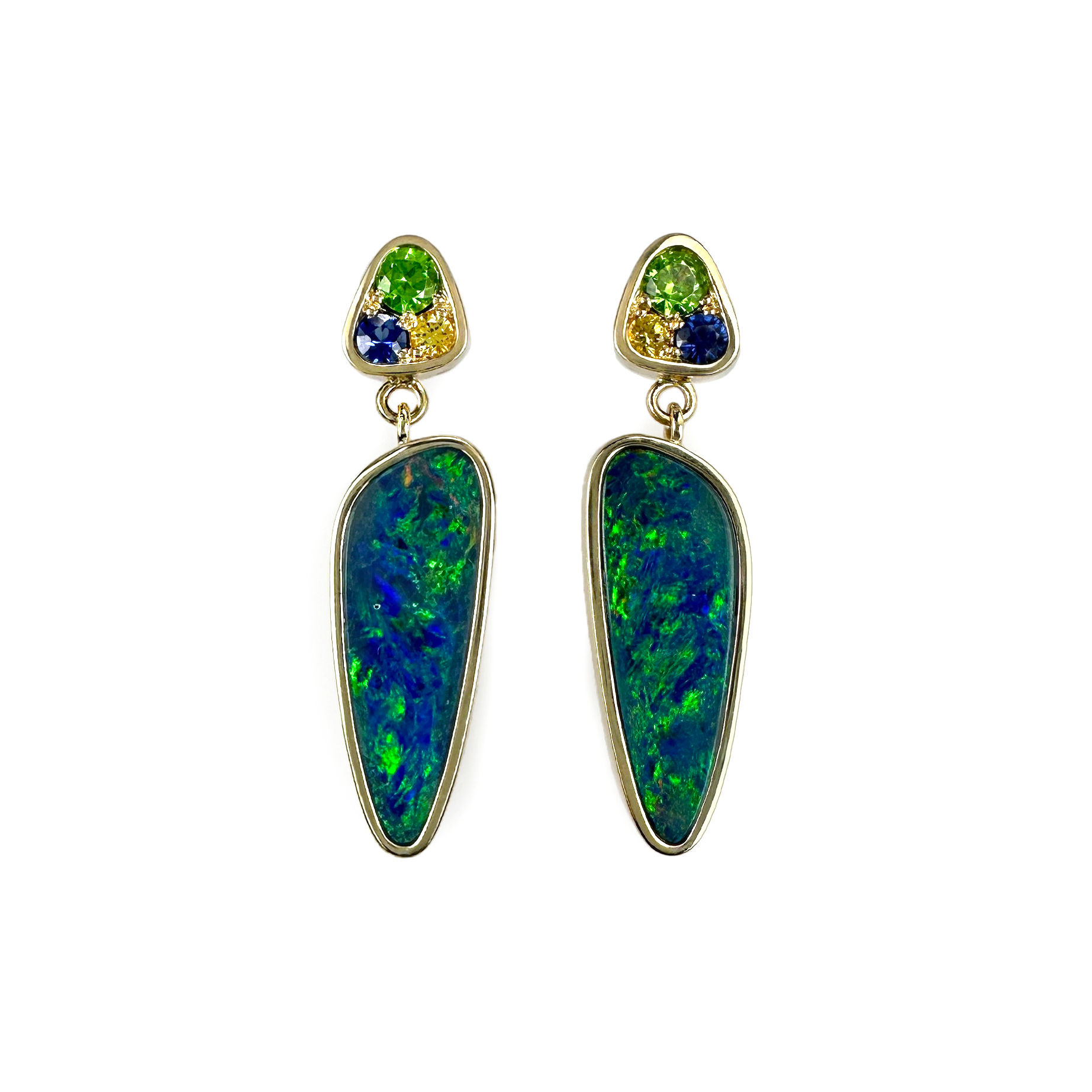 14KY Boulder Opal Doublet Dangle Earrings w/ Multistone Studs