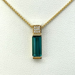 14KY Custom Bar Cut Tourmaline Pendant with Diamond Pave Bail