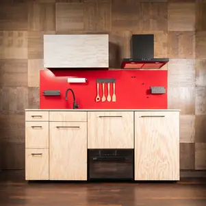 TinyKüche | Basilea with backpanel and accessories, kitchen hood and hanging cabinet