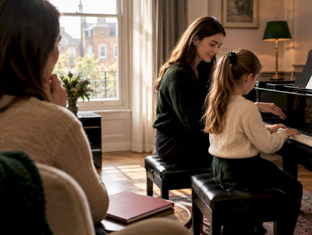Parent observing a supervised piano lesson