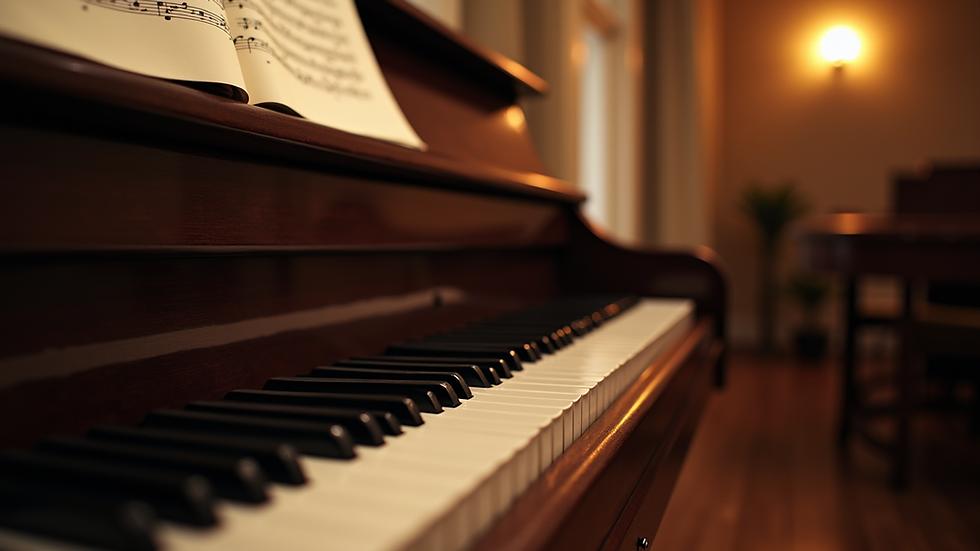Close-up view of a grand piano with sheet music on the stand