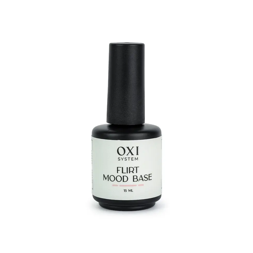 OXI System Flirt Mood Base nail polish bottle on white background.