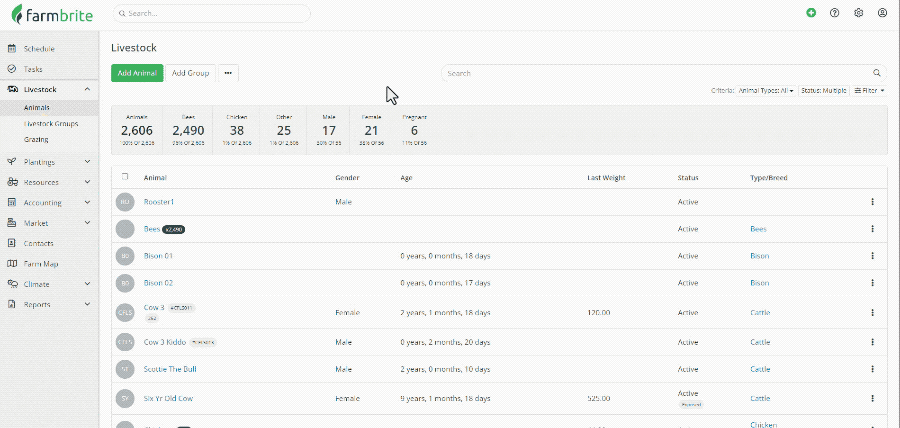 Farmbrite's Livestock Dashboard provides an at-a-glance summary of your livestock
