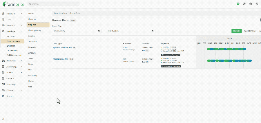 Farmbrite's crop planning tool let's you view an entire farm's plan, or get more granular drilling down to an individual grow location.