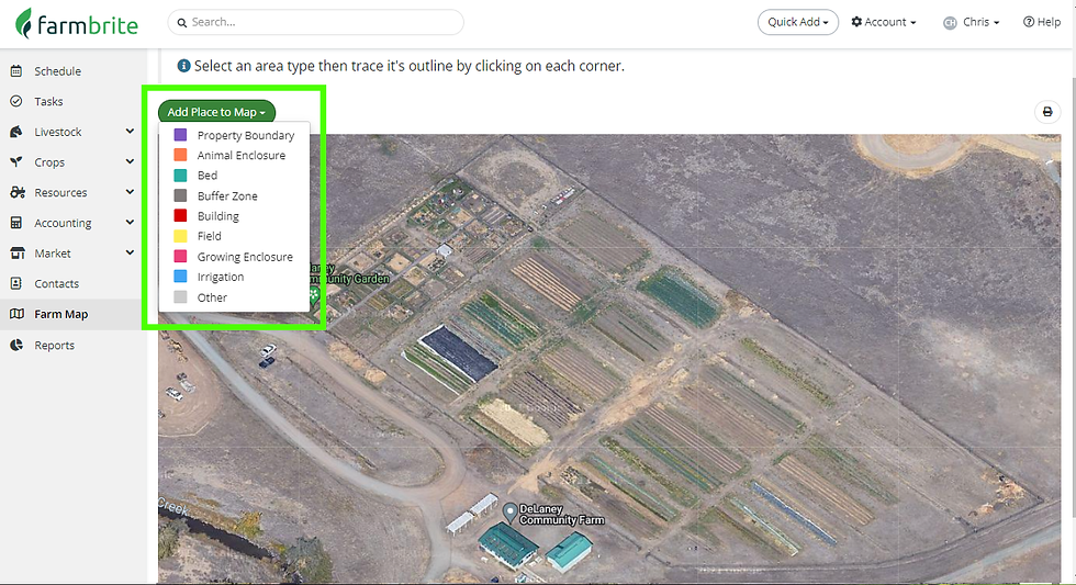 Map all aspects of your farm, from the property boundary, fields, beds, enclosures, as well as irrigation and buffer zones.