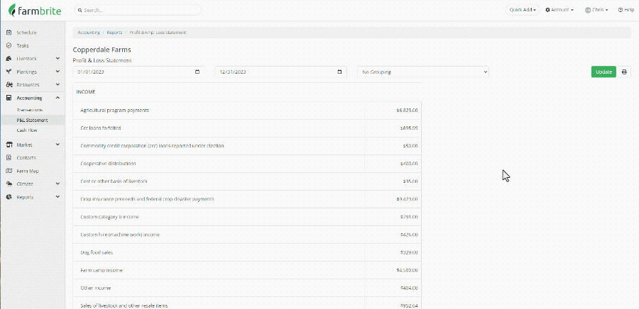 Profit and Loss statement in Farmbrite
