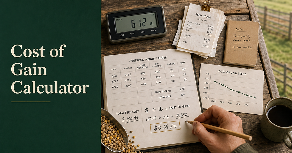 Cost of Gain Calculator title beside a livestock weight ledger, feed receipt and cost trend chart.