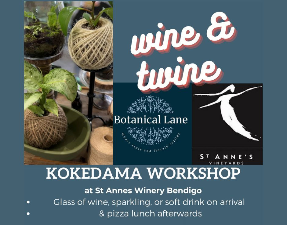 Wine & Twine Kokedama workshop with Pizza lunch and glass wine at St Annes winery run by Botanical lane