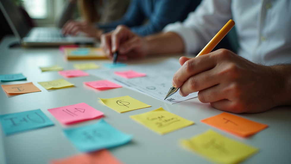 High angle view of a brainstorming session with sticky notes