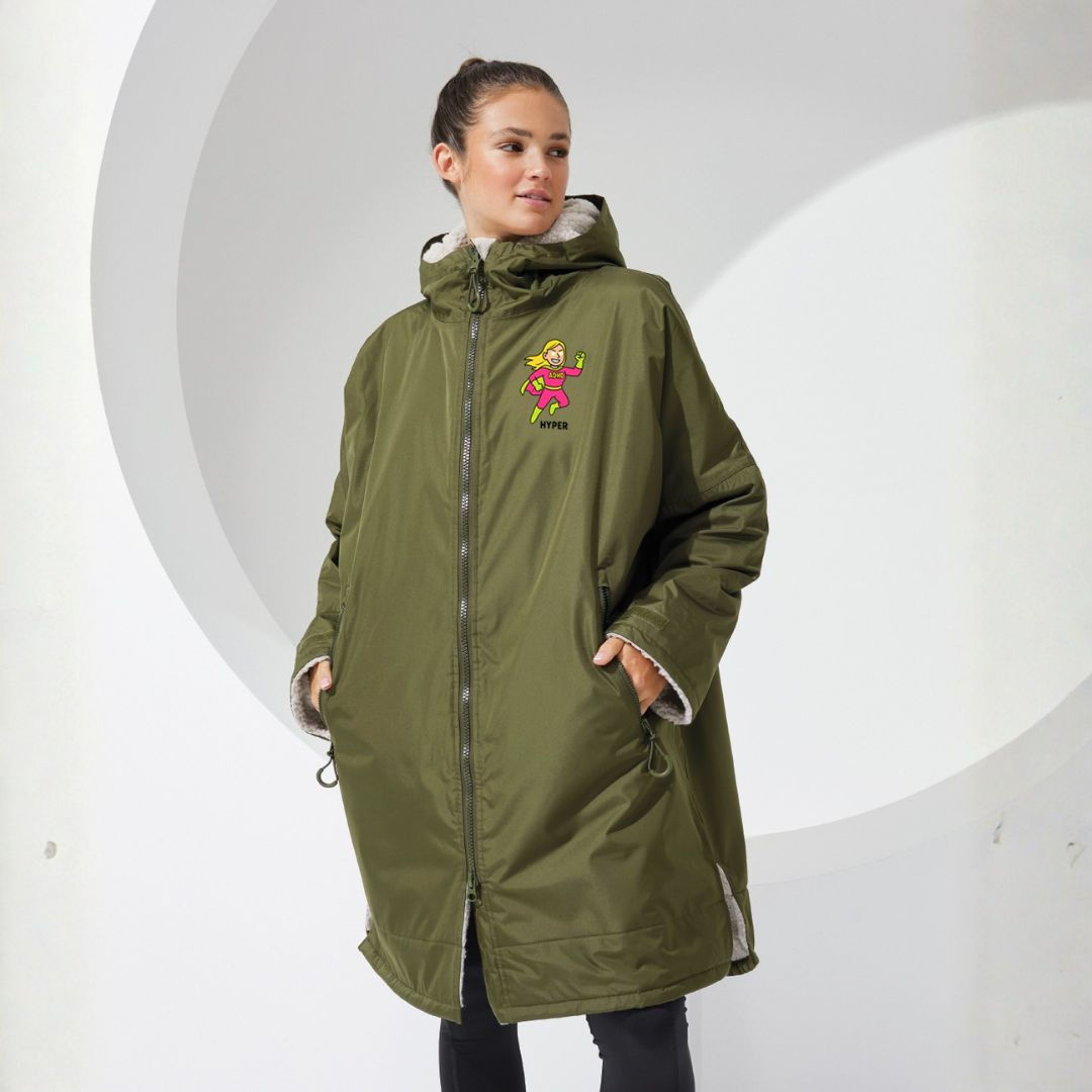 Creative Chaos Co Waterproof All-Weather-Robe in olive on female model