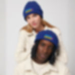 Creative Chaos Co Harbour Beanie in blue with aqua and gold logo
