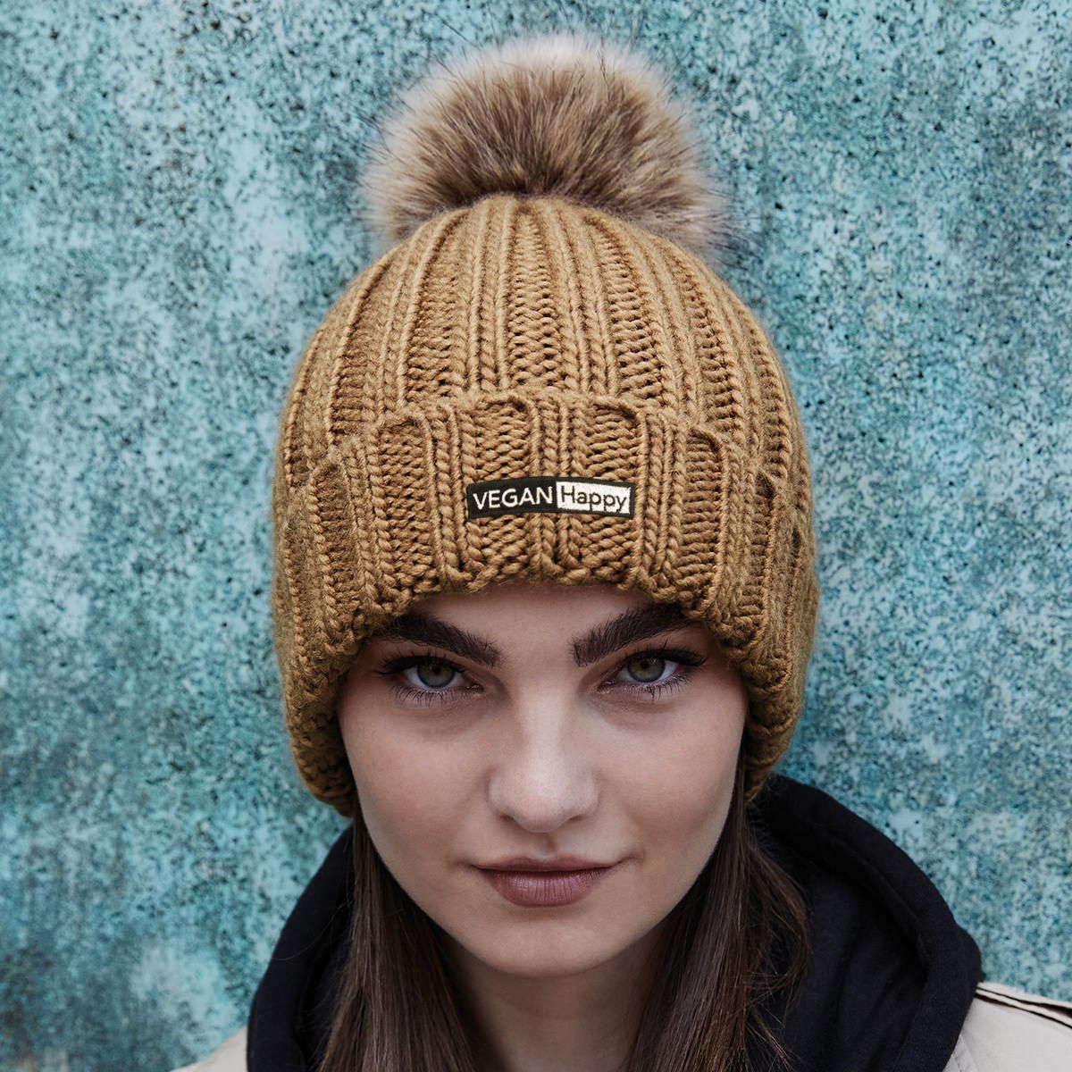 Vegan Faux Fur Chunky Pom Pom Beanie in biscuit from Vegan Happy Clothing