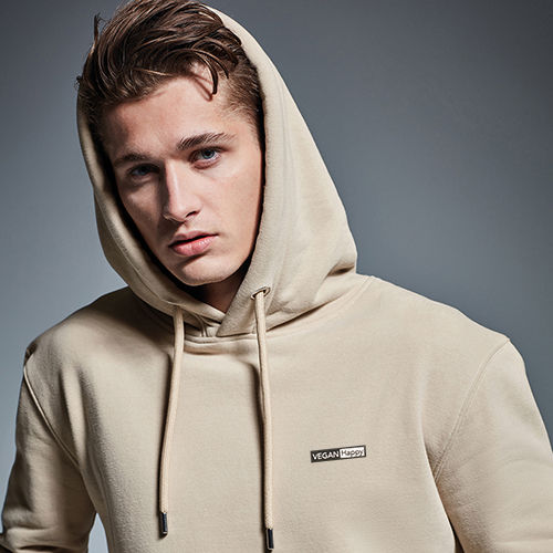 Thumbnail: Vegan hoodie luxury with subtle vegan logo shown in desert sand from Vegan Happy Clothing