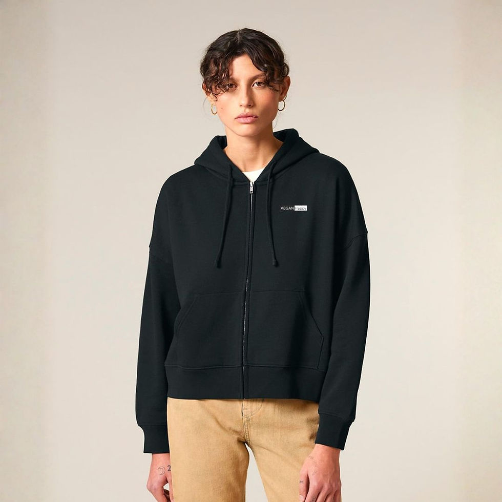 Vegan Ida Women's Zipped Sweatshirt in black with subtle vegan logo from Vegan Happy Clothing
