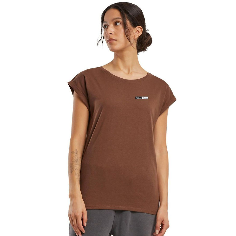 Thumbnail: Vegan Women's Extended Shoulder Tee in brown from Vegan Happy Clothing with soft vegan logo on female model